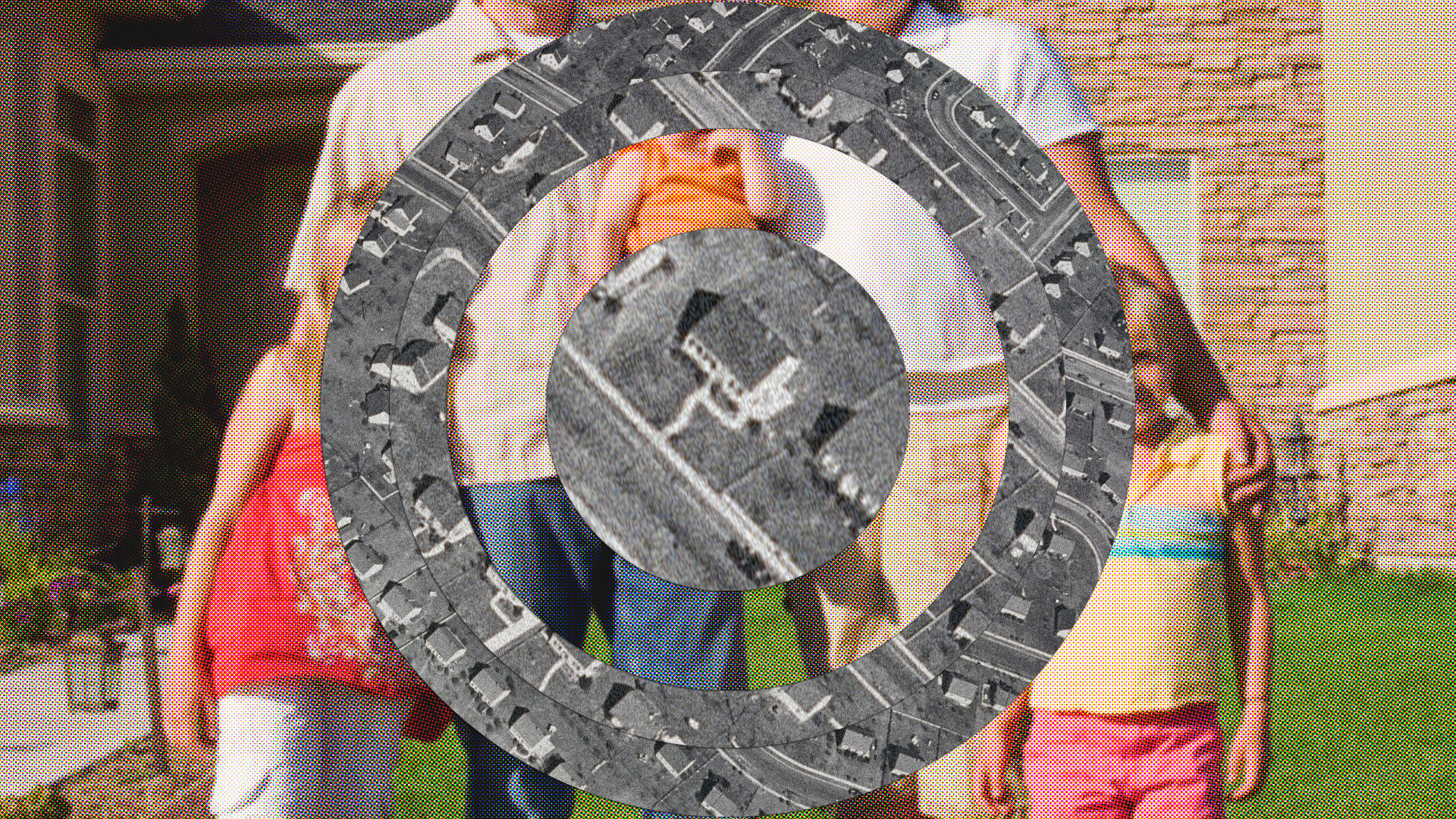 Collage of a white family in the suburbs and a 1950s black and white photo of cookie cutter suburbs