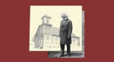 A collage of a church building with a cutout figure of Frederick Douglass.