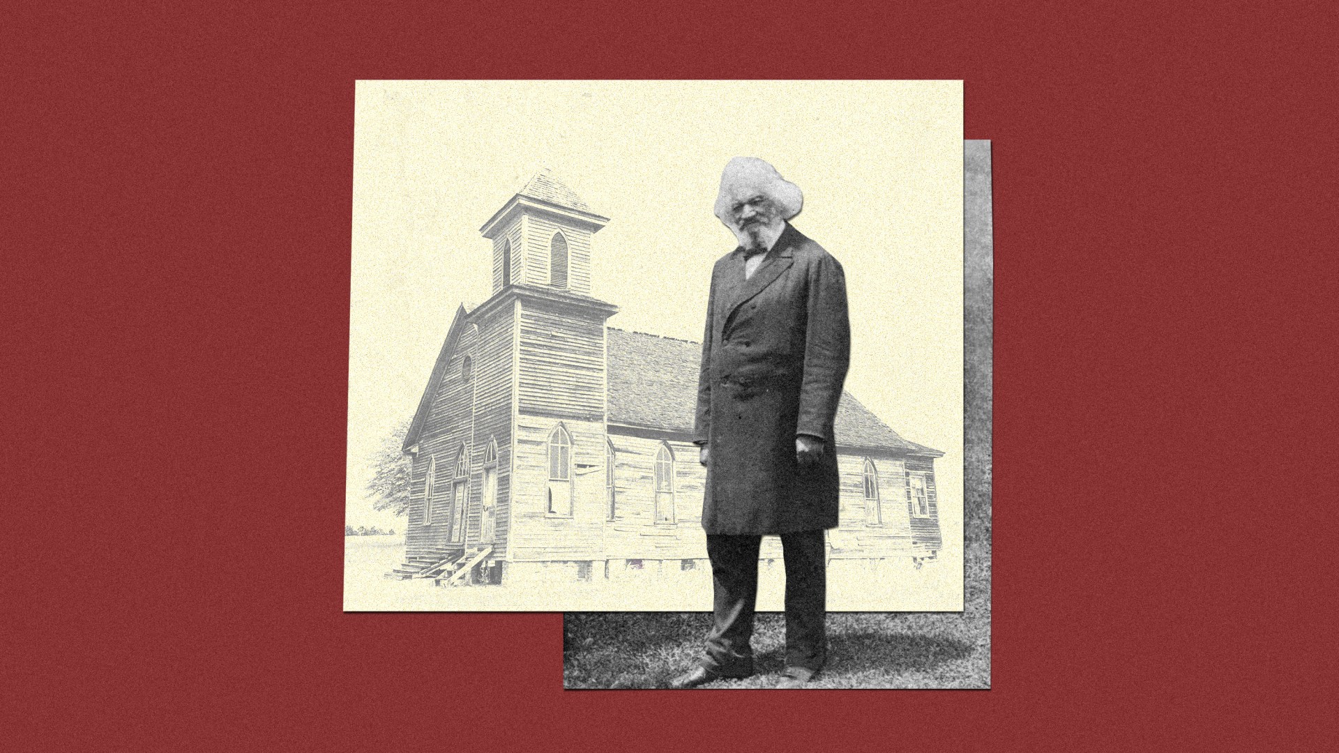 A collage of a church building with a cutout figure of Frederick Douglass.