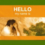 A name tag with a picture of Moses and the burning bush instead of a name.