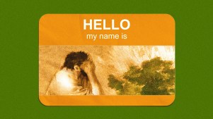 A name tag with a picture of Moses and the burning bush instead of a name.