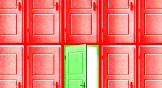 Red doors closed with one green door open.