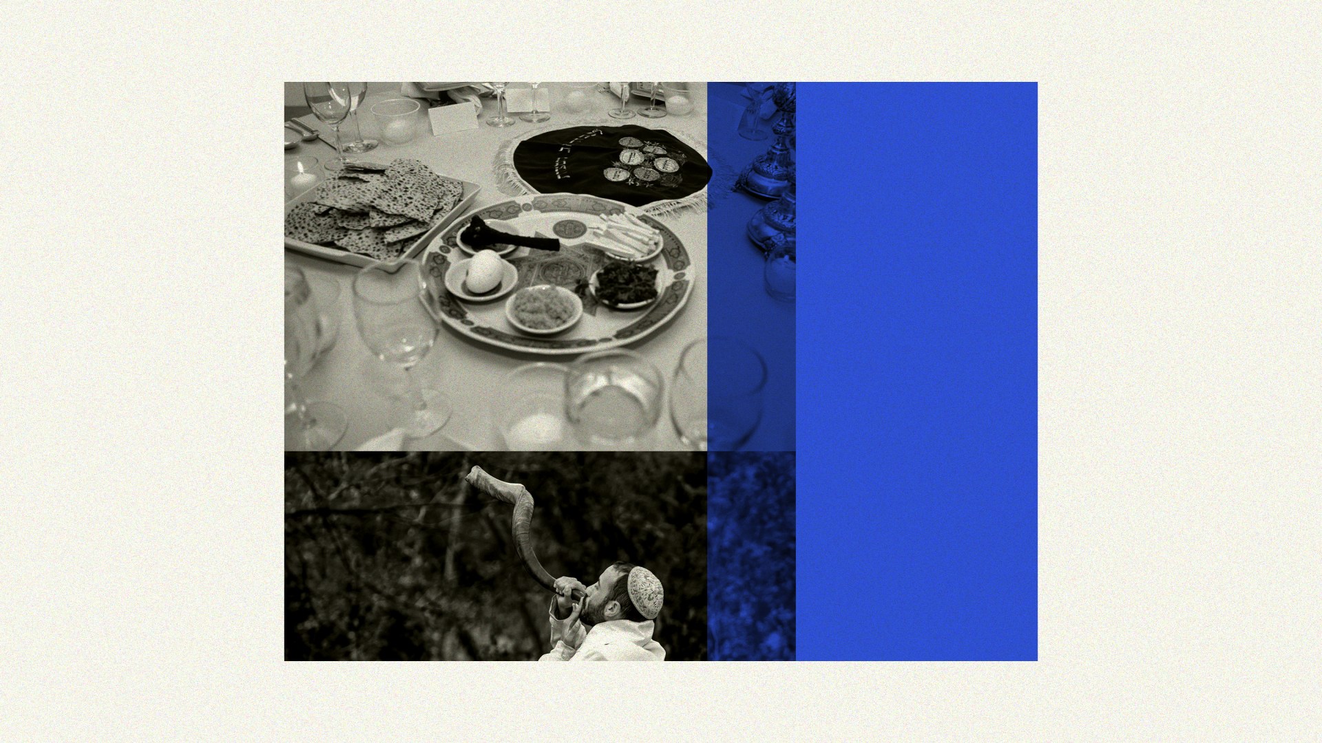 Feast from Passover and man blowing a horn for Rosh Hashanah