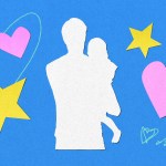 A cutout image of a father holding their child, with cutout hearts and stars around them.
