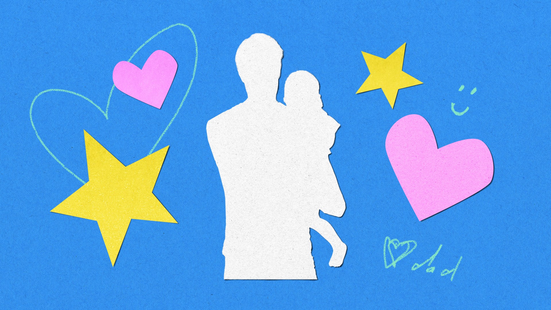 A cutout image of a father holding their child, with cutout hearts and stars around them.