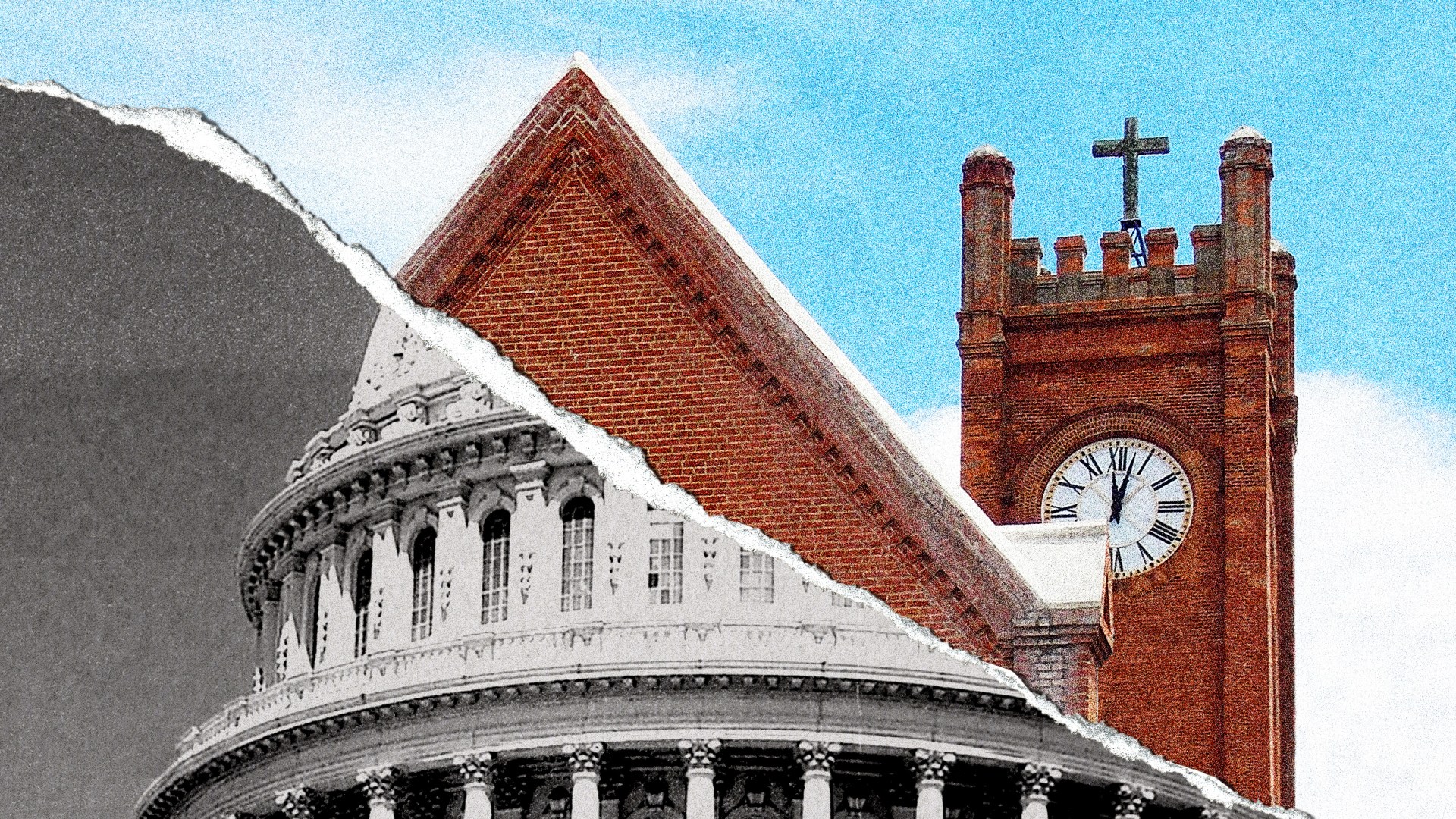 A black and white image of the Capitol building torn away to show a brightly colored photo of a church building.