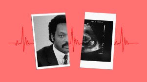 A collage of Jesse Jackson and an ultrasound image on a red background.