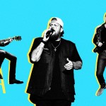 Three Christian musicians cut out and collaged on a blue background.