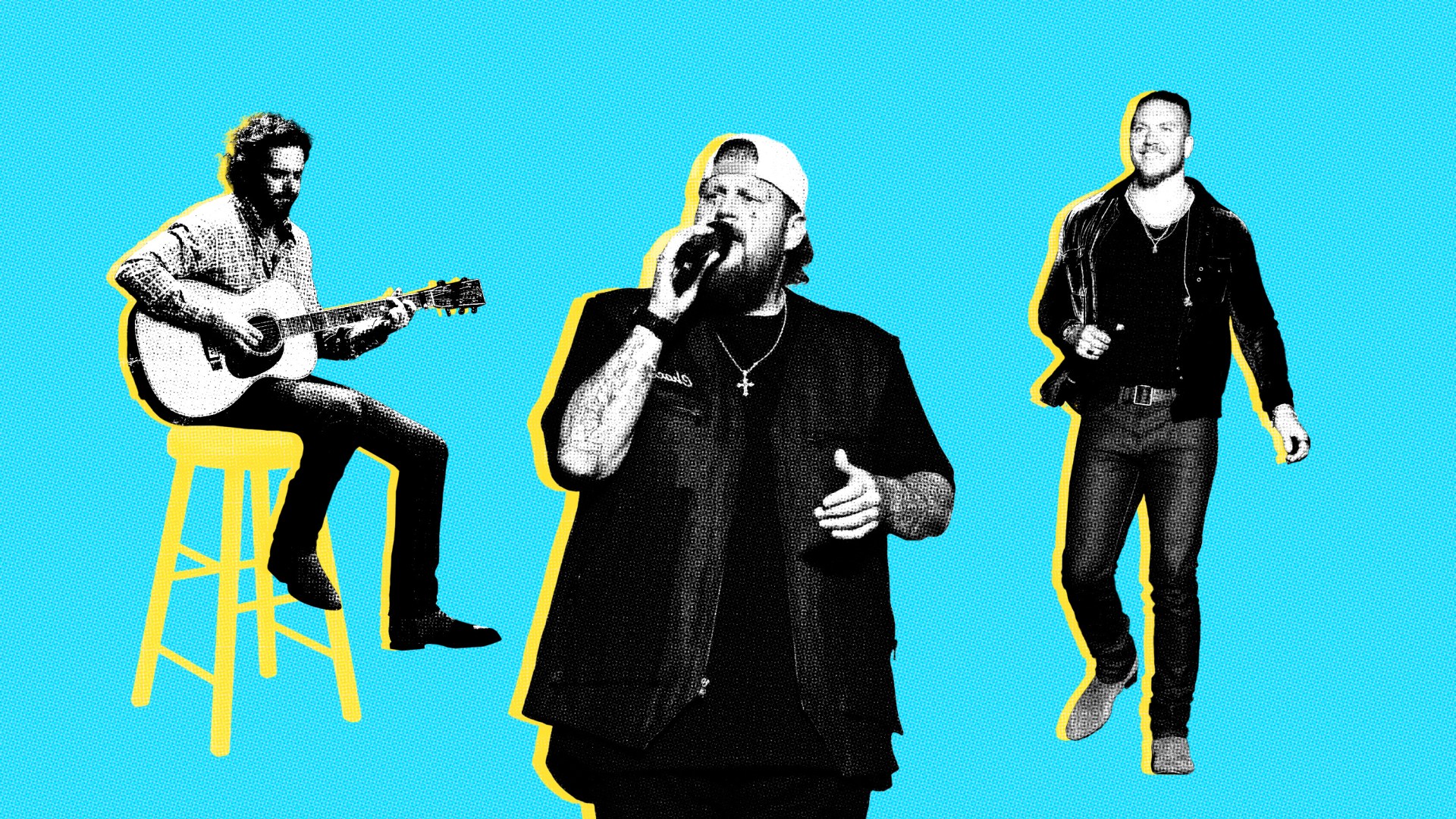 Three Christian musicians cut out and collaged on a blue background.
