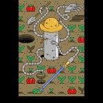 A digital scarecrow tending to the land and watering a crop.