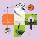 Collage in the shape of the Swiss cross emblem with elements of digital technology, currency, mountains, and stock charts inside of it.