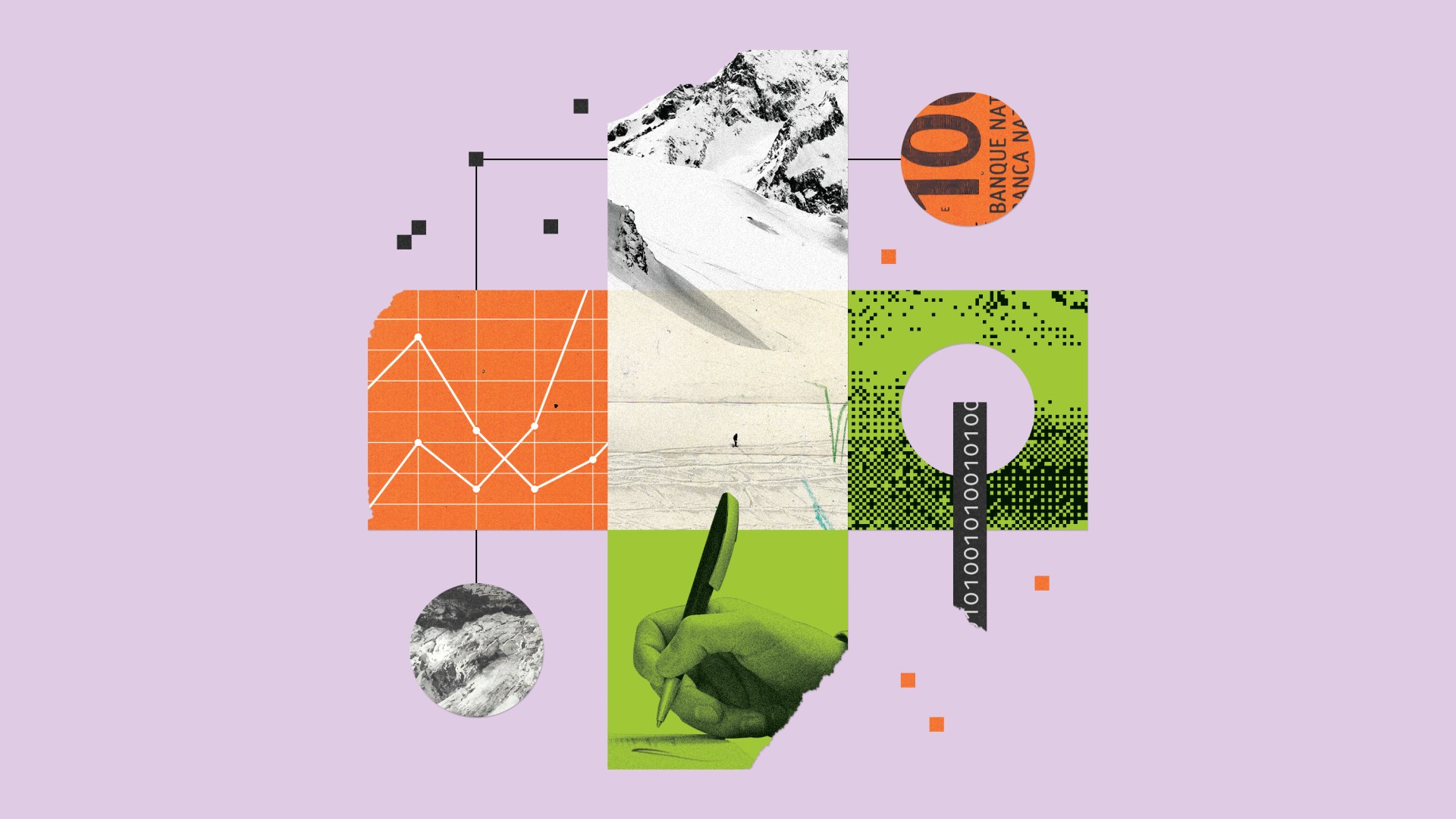 Collage in the shape of the Swiss cross emblem with elements of digital technology, currency, mountains, and stock charts inside of it.