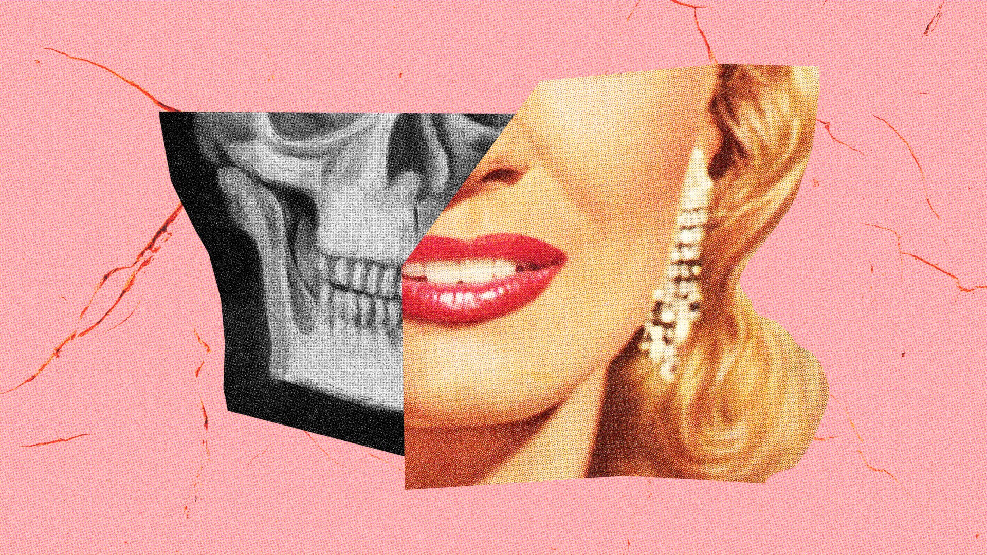 A smiling face with a skeleton face revealed underneath.