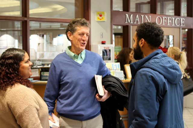 Cliffe Knechtle chats with visitors after a worship service at Grace Community Church in New Canaan, CT on December 8, 2024.