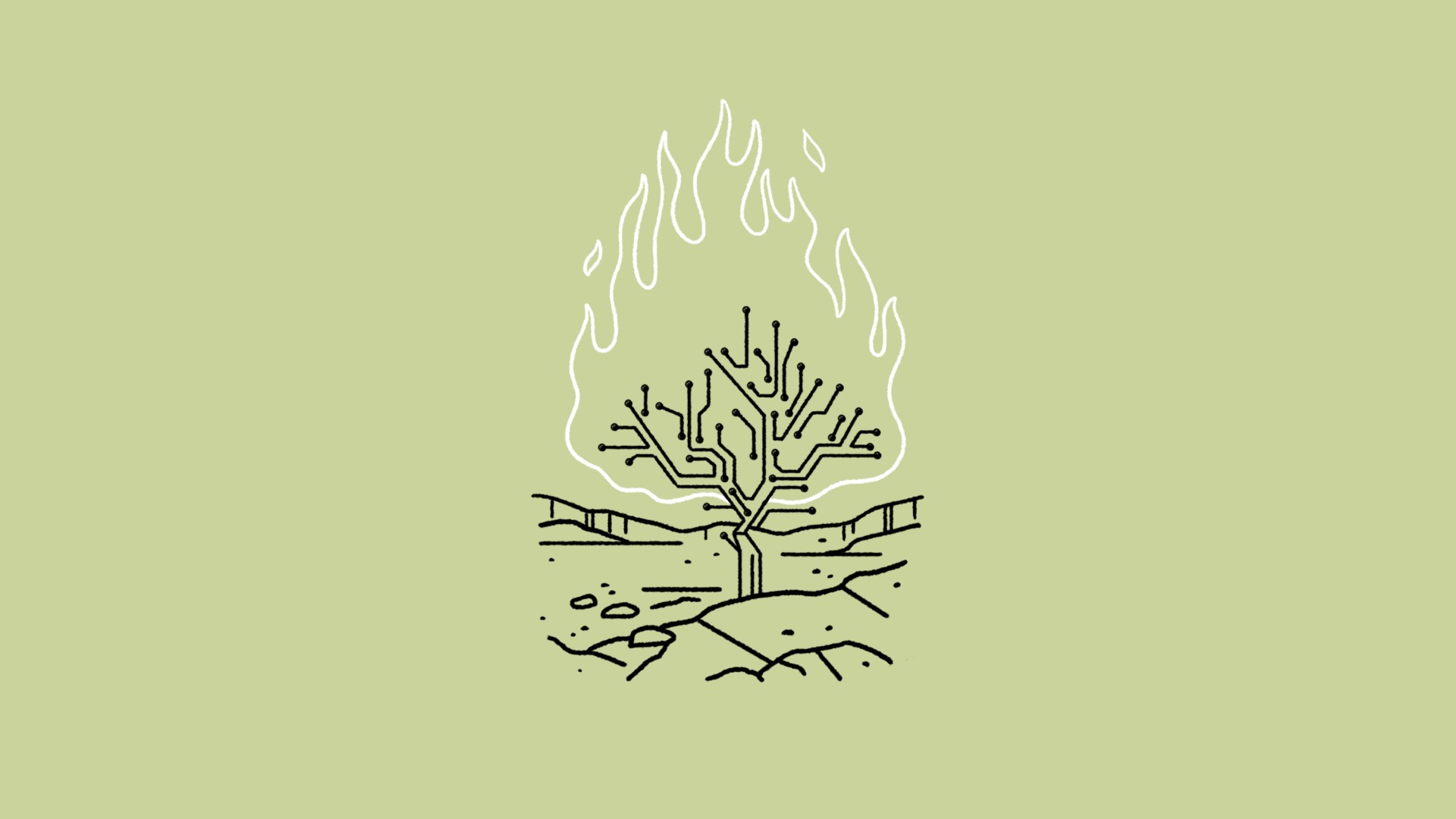 Line drawing of a burning bush with branches resembling circuitry on a green background.