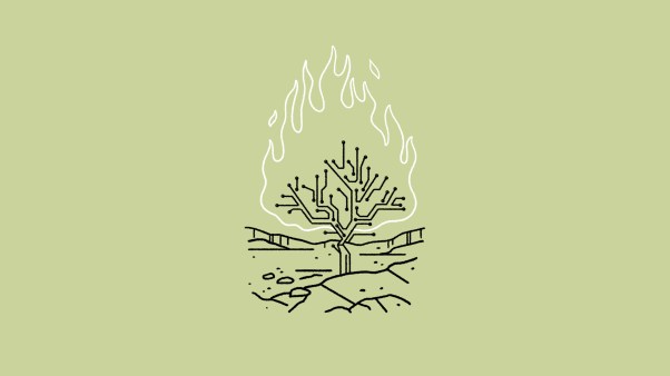 Line drawing of a burning bush with branches resembling circuitry on a green background.