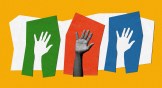 A collage of several hands raised.