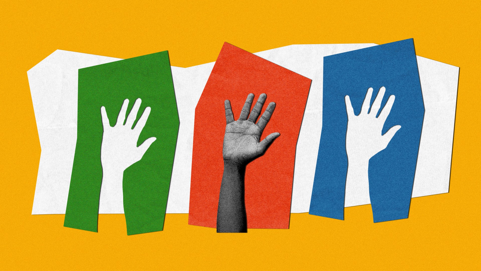 A collage of several hands raised.
