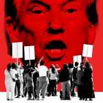 Trump yelling in front of a protesting crowd