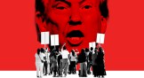 Trump yelling in front of a protesting crowd