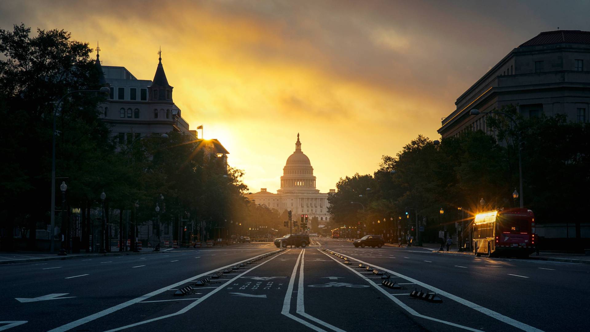 Looking along Pennsylvania Avenue towards the Capitol Building at sunrise in DC