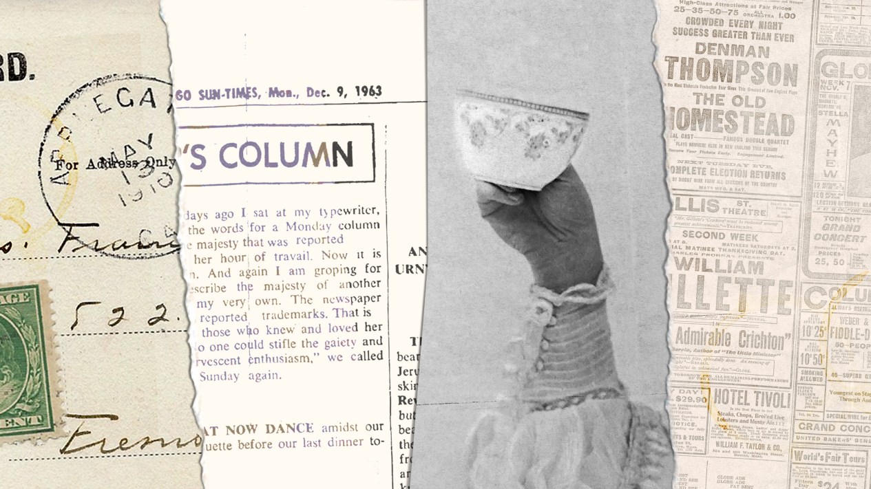 A collage of newspaper pieces and postcards.