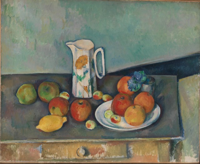 Still life painting by Paul Cezanne of fruit on a plate with a pitcher next to it.