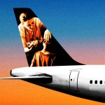 A photo of a woman helping a child on the tail of an airplane
