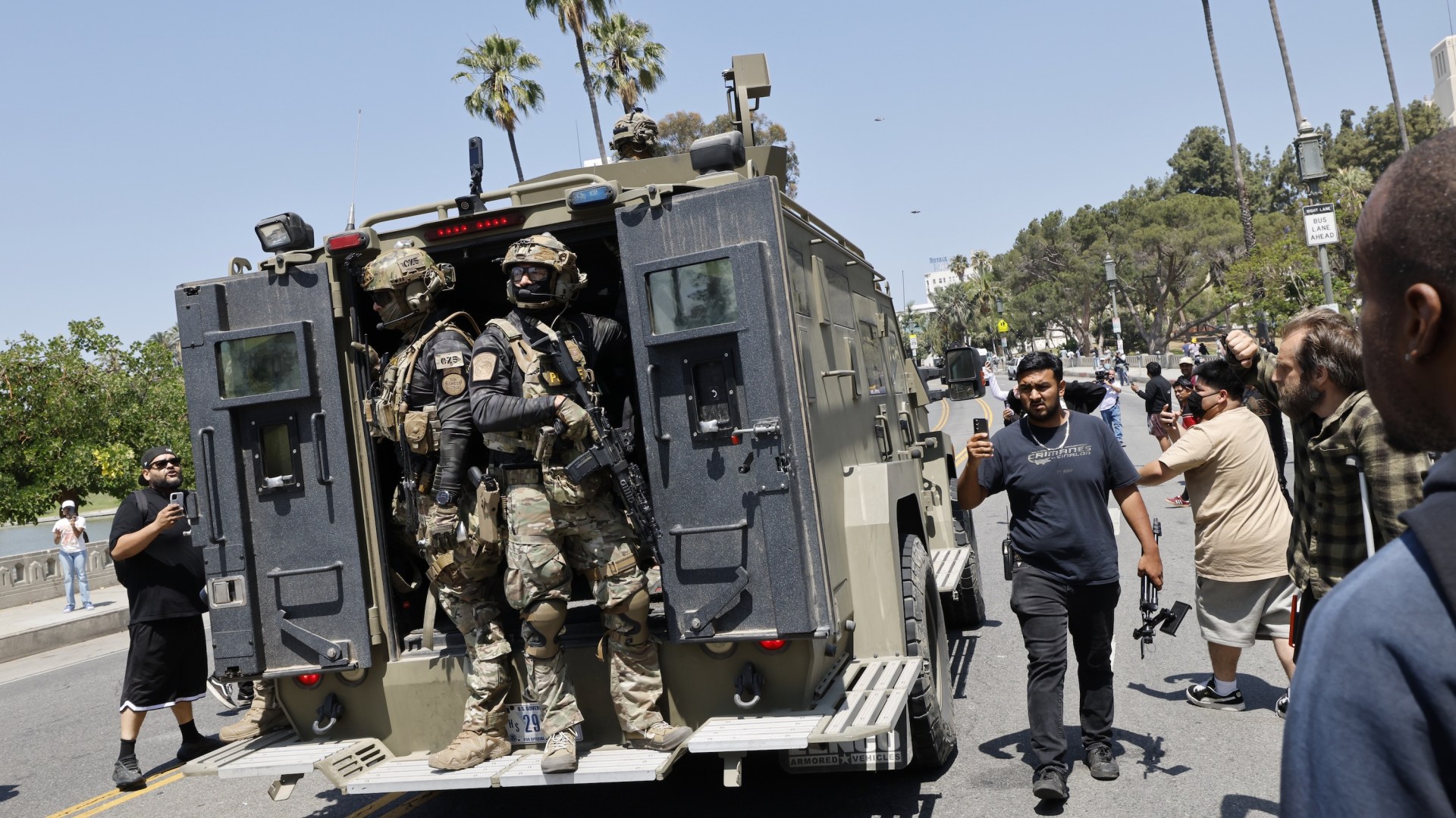 Federal immigration agents near MacArthur Park in Los Angeles.
