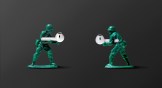 Two toy soldiers holding earbuds.
