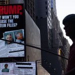 A billboard in Times Square calls for the release of the Epstein files on July 23, 2025 in New York City.
