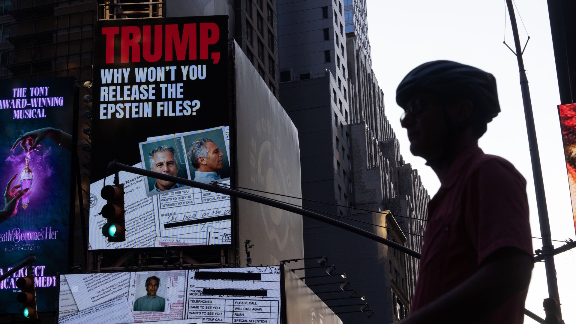 A billboard in Times Square calls for the release of the Epstein files on July 23, 2025 in New York City.