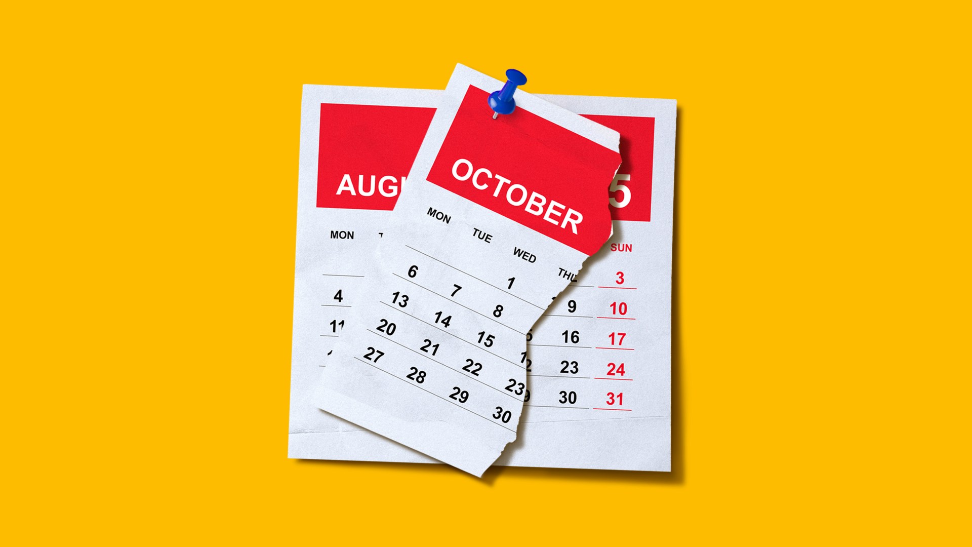 An October calendar ripped in half to show an August calendar.