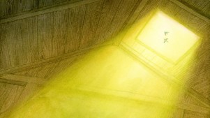 An open skylight with light pouring in and two birds in the sky.