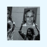 A protest group holds up signs of Jeffrey Epstein