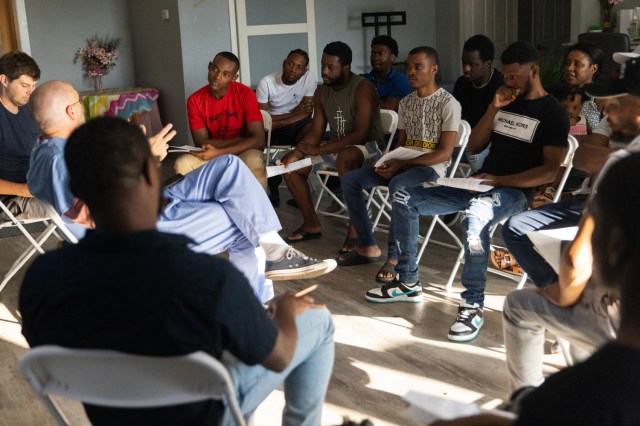 Haitian immigrants attend an English class at the church attached to the Haitian Community Help & Support Center on August 27, 2024 in Springfield, OH.