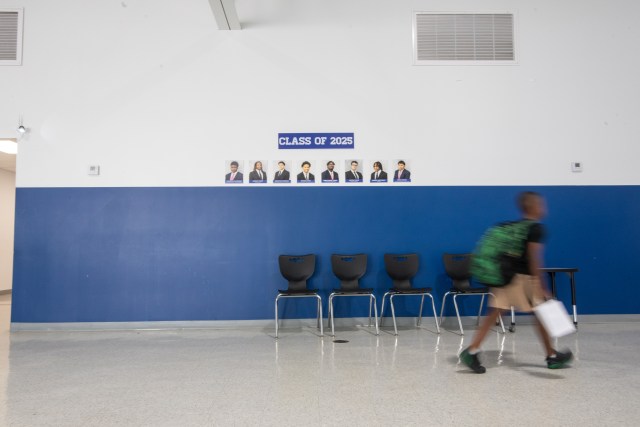 Students at the Delta Streets academy in Greenwood, Mississippi, walk between classes.