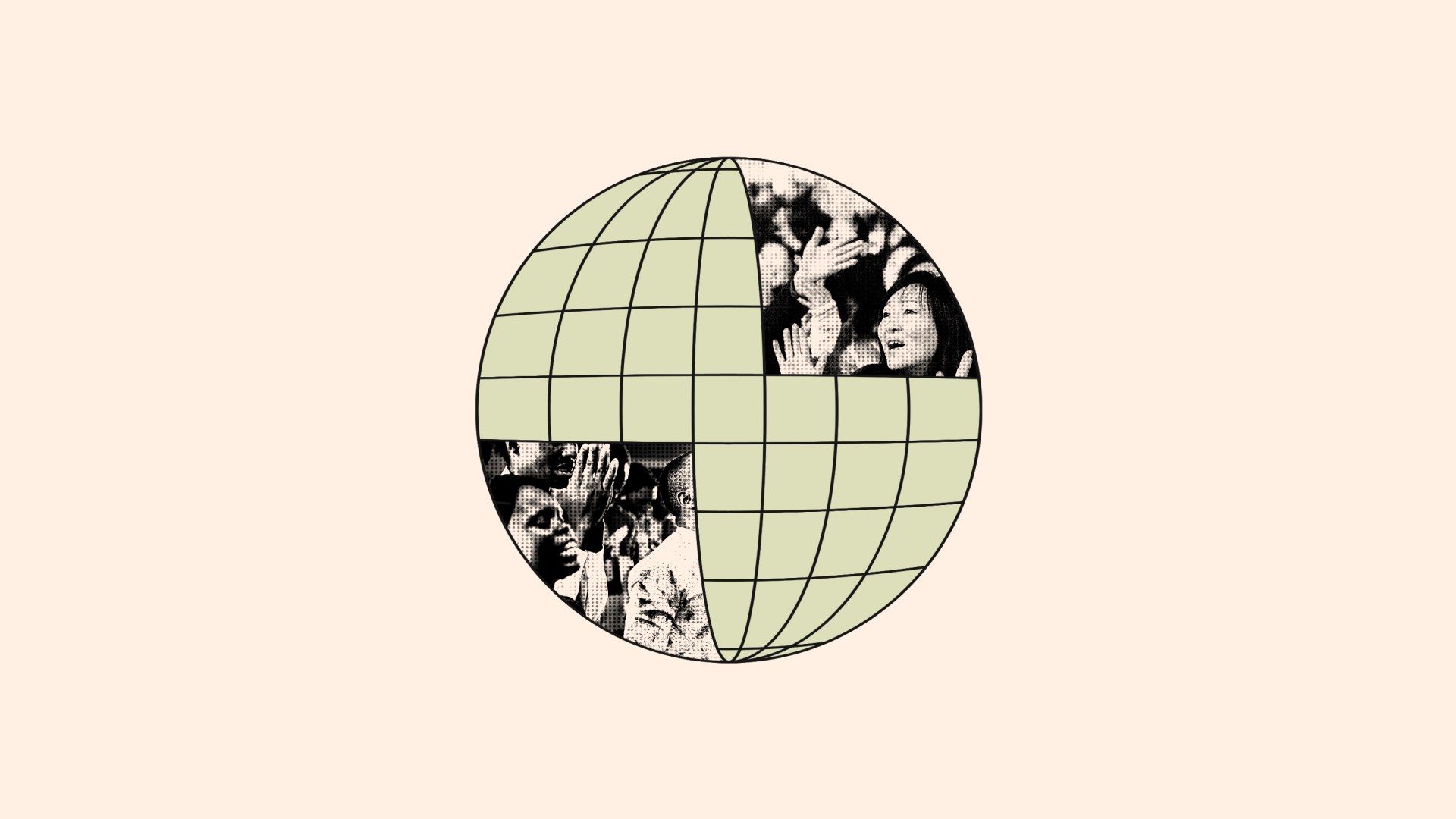 A globe with pictures of an Asian and African church worshiping