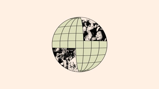 A globe with pictures of an Asian and African church worshiping