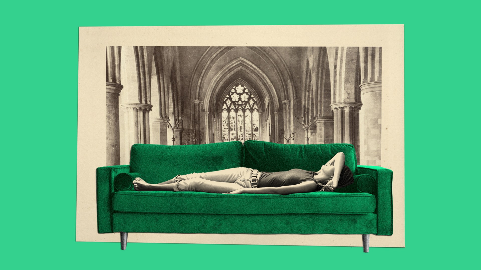 A woman lying on a couch with a church in the background.