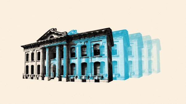 A college building fading away.