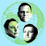 Elon Musk, Peter Thiel, and Mark Zuckerberg in a globe