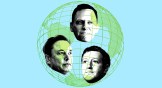 Elon Musk, Peter Thiel, and Mark Zuckerberg in a globe