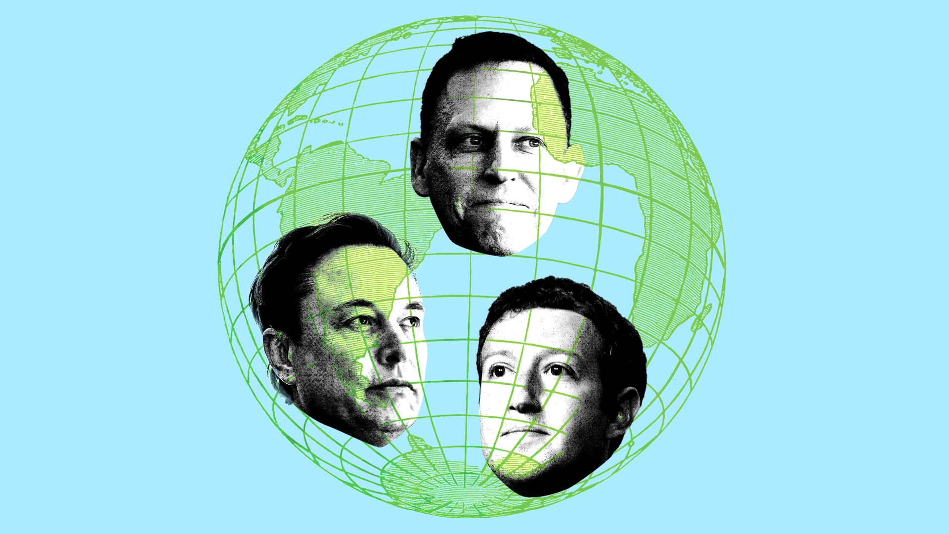 Elon Musk, Peter Thiel, and Mark Zuckerberg in a globe