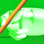 A robot hand holding a broken pencil