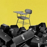 A school desk on top of computer keys from a keyboard