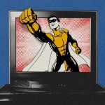 Collage of a cartoon superhero breaking out of a TV screen on a blue background.