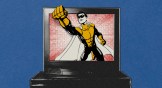 Collage of a cartoon superhero breaking out of a TV screen on a blue background.
