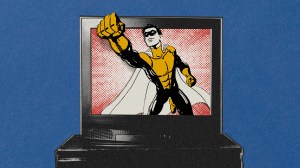 Collage of a cartoon superhero breaking out of a TV screen on a blue background.