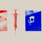Collage of a skull and syringe in red and blue on a cream background. Cropped image from "Through an Opening in the Wall, a Skull Appeared, plate 1 from Edmond Picard’s Le Jure" by Odilon Redon in 1887